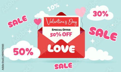 Valentine's Day discount offer in a love letter style. Versatile advertising template for social networks, online shopping promotions, postcards, and sale posters. Romantic promotional background.