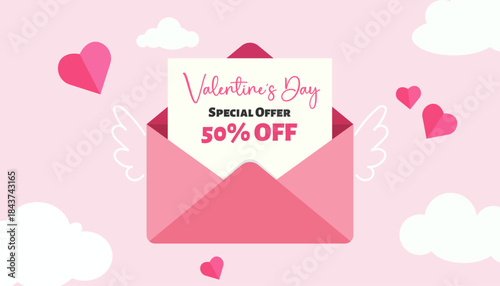 Letter with a discount offer, Promotion and shopping template or background for Love and Valentine's day concept. Poster, advertising for online store, social networks, postcards