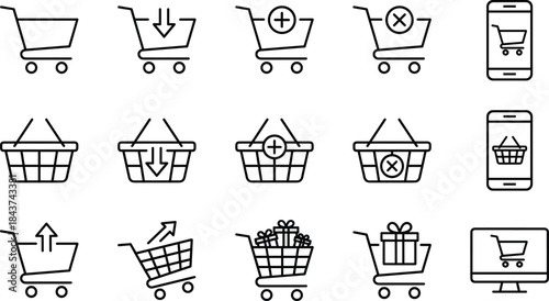 E-commerce and Online Shopping Line Icons Set: Shopping Cart, Basket, Mobile App, Add to Cart, Remove Item, and Retail Symbols for Digital Design Vector Collection