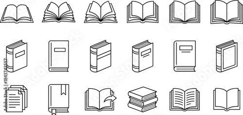 Book and Education Line Icons Set: Reading, Literature, Library, Learning, Document, Textbook, and Knowledge Symbols for Digital Design Vector Collection