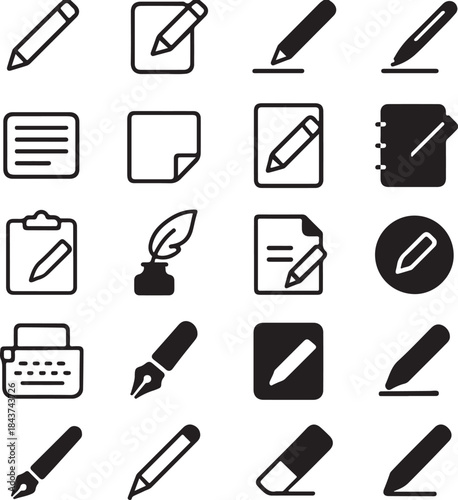 Isolated Writing Icon Set, Writing Icons Collection, Content Creation Symbols, Author Editor Icons, Black Vector Writing Icons, Minimal UI Content Icons