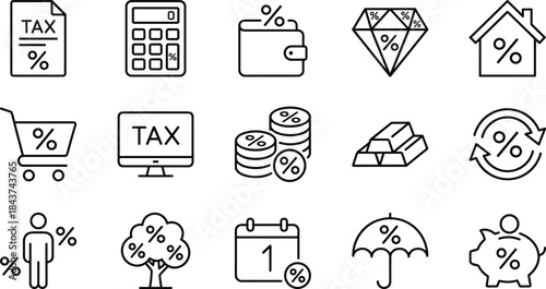 Taxation and Finance Line Icons Set: Money, Investment, Real Estate, E-commerce, Savings, and Insurance Percentage Symbols for Digital Design, Simple Outline Vector Collection