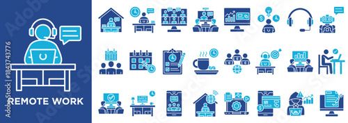 Remote Work icon collection set. Containing design remote work, workfrom home, telecommute, virtual, online, digita