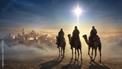 Ancient travelers riding camels across the desert guided by the majestic star toward a distant glowing city at twilight