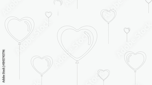 Minimalist line art pattern featuring floating heart shaped balloons on a clean white background for romance