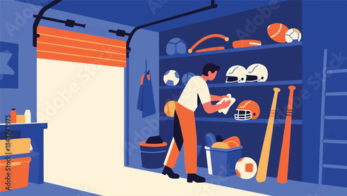 Illustration Of Person Cleaning And Organizing Sports Equipment (Balls, Bats, Helmets) In A Garage Corner Vector Design Template