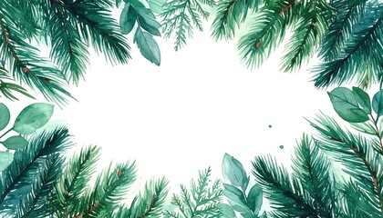 Watercolor evergreen branches and eucalyptus leaves forming a natural green border for design.