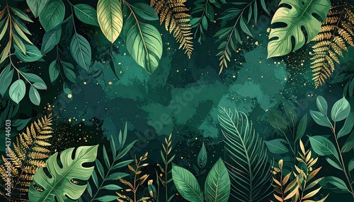 Dark Emerald Jungle Foliage with Gilded Botanical Accents and Golden Sparkles.