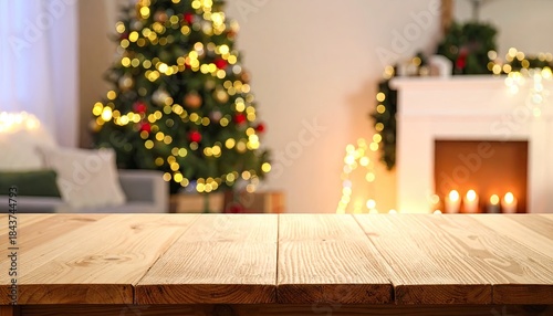 Cozy Christmas Living Room with Decorated Tree and Fireplace Wooden Table Foreground.