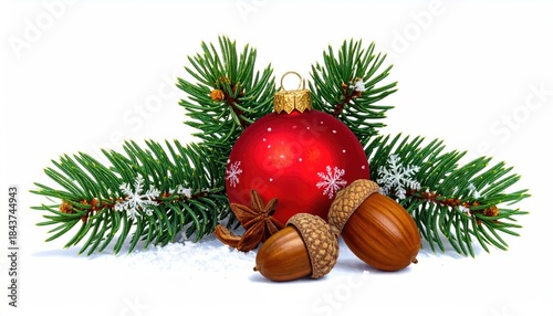 Festive Christmas decoration with red bauble pine branches acorns and star anise on snow.