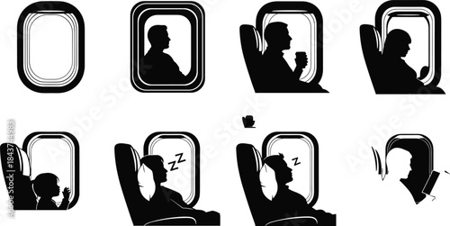 Airplane window seat illustrations with sleeping passengers, child waving, drink spill, turbulence reaction, silhouette travel scenes, book, cup, snoring