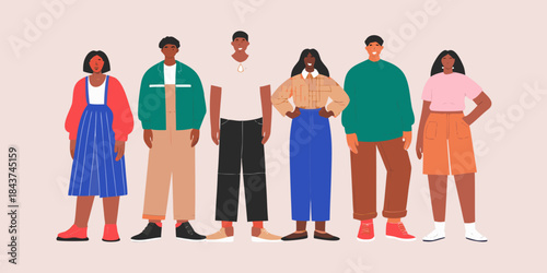 A diverse group of people standing together showcasing various styles and ethnicities