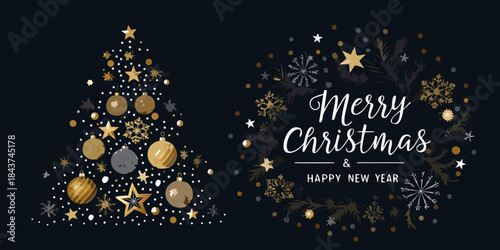 Festive christmas tree and hand lettered merry christmas greeting design