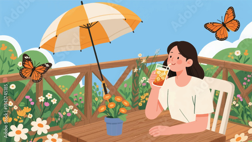 Illustration Of Person Enjoying A Glass Of Iced Tea On A Rustic Wooden Patio Vector Design Template