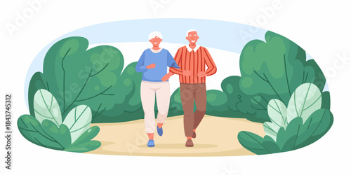 An elderly couple enjoying a peaceful walk together in the park