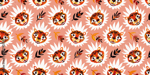 Repeating pattern of tiger faces incorporated into stylized floral designs