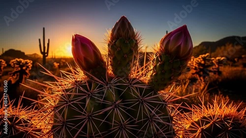Backlit desert cactus with pink flower at sunrise.