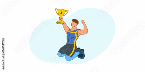 Celebrating victory a triumphant athlete raises a gold trophy in the air