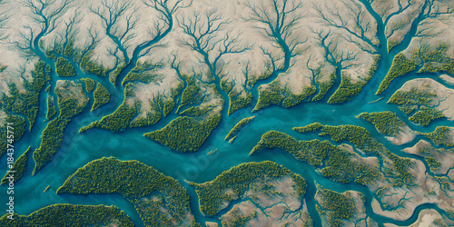 Branching river delta natural waterway concept minimal aerial