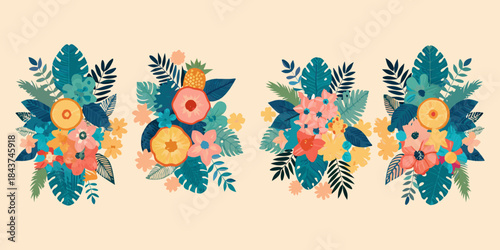 Tropical floral arrangements with vibrant colors and lush green foliage displayed