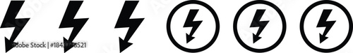 Lightning bolt icon set, electric power vector symbols, high voltage thunder signs, flash energy, black silhouette illustration, isolated design element collection.