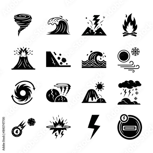 Comprehensive vector icon set depicting various natural disasters and environmental hazards, representing critical global climate change impacts and emergency preparedness scenarios