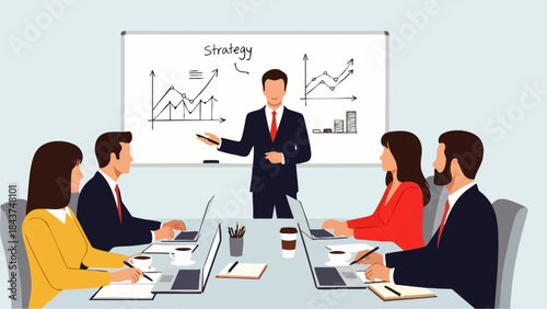 Flat style vector illustration of a business strategy presentation scene with a speaker presenting data charts to an audience in a meeting room.