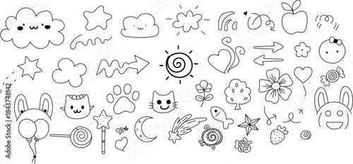 Hand-Drawn Treasures: Black & White Monoline Doodle Kit of Arrows, Stars, and Cute Kawaii Icons