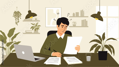 Flat illustration of a stressed and overwhelmed office worker reviewing important documents, sitting at a desk with a laptop and some documents, symbolizing stress and fatigue at work
