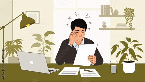 Flat illustration of a stressed and overwhelmed office worker reviewing important documents, sitting at a desk with a laptop and some documents, symbolizing stress and fatigue at work