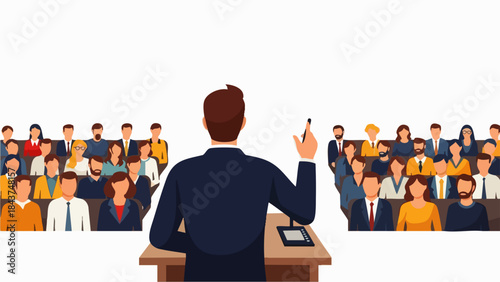 Flat vector illustration of a speaker giving a presentation in front of a large audience in a conference room. The speaker is seen from behind. Ideal for leadership and motivational visualizations.