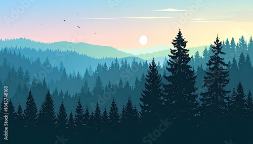 Serene Mountain Forest Landscape at Sunrise with Silhouetted Pine Trees.