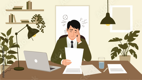 Flat illustration of a stressed and overwhelmed office worker reviewing important documents, sitting at a desk with a laptop and some documents, symbolizing stress and fatigue at work