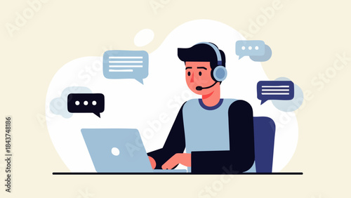 Flat vector illustration of a customer service representative wearing a headset working on a laptop in the office. Support service concept for banners, website designs, or web landing pages.