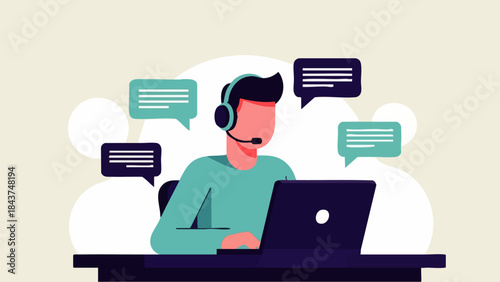 Flat vector illustration of a customer service representative wearing a headset working on a laptop in the office. Support service concept for banners, website designs, or web landing pages.