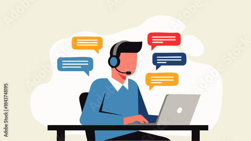 Flat vector illustration of a customer service representative wearing a headset working on a laptop in the office. Support service concept for banners, website designs, or web landing pages.