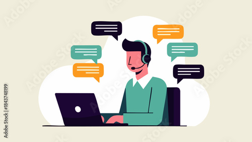 Flat vector illustration of a customer service representative wearing a headset working on a laptop in the office. Support service concept for banners, website designs, or web landing pages.