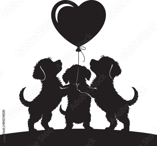 Three silhouette puppies holding a heart-shaped balloon against a sunset sky