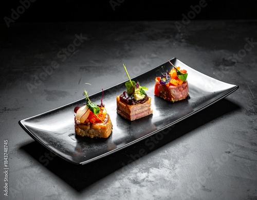 Fine Dining Tasting Menu with Three Small Dishes on Black Plate