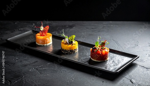 Fine Dining Tasting Menu with Three Small Dishes on Black Plate