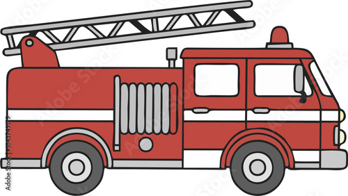 Red Fire Department Truck with Ladder Minimalist Flat Vector Illustration