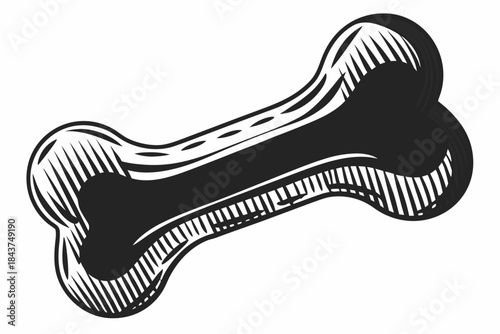 A classic bone shape illustration with a vintage woodcut or etching style rendered in solid black against a white background perfect for pet related designs