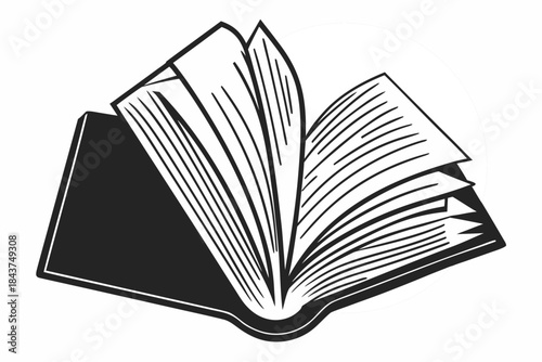 Open Book with Turning Pages Black and White Vector.