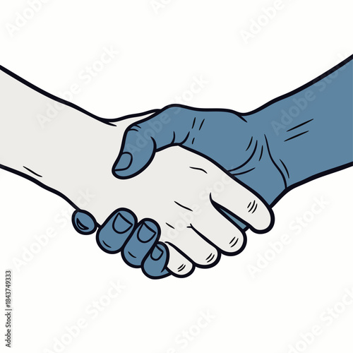 An illustrative depiction of two hands, one light and one dark, engaging in a firm handshake, symbolizing unity, agreement, and partnership between diverse individuals.