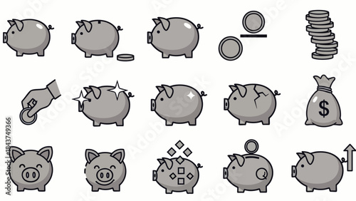A comprehensive collection of monochrome piggy bank icons visually representing key concepts of saving money, financial planning, and economic growth strategies.
