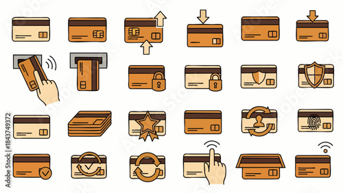 This extensive collection of vector icons visually represents various credit card operations, secure digital payments, banking transactions, and financial services.