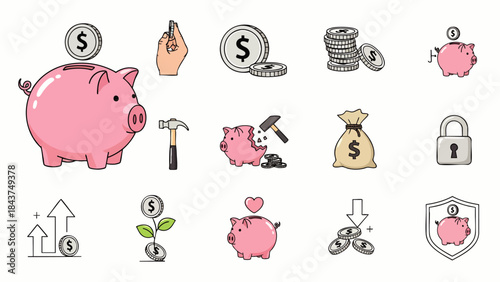 A comprehensive collection of financial icons illustrating concepts of saving, investment, security, and wealth management strategies.