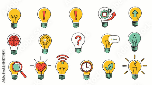 A comprehensive collection of creative lightbulb icons illustrating diverse concepts like innovation, problem-solving, and idea generation in a modern flat design.