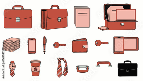 A modern vector illustration showcasing a diverse set of professional and personal items, including briefcases, documents, a smartphone, and daily accessories.