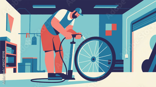 Illustration Of Person Inflating Bicycle Tires With A Floor Pump In The Garage Vector Design Template